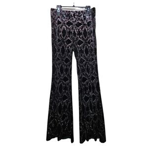 Zara Women's SIZE L Y2K Velvet Burnout Boho Glitter Flare Pants in Black